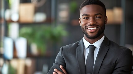 cheerful black executive manager looking at the camera while standing in a corporate office setting demonstrating his professionalism and success in the business world