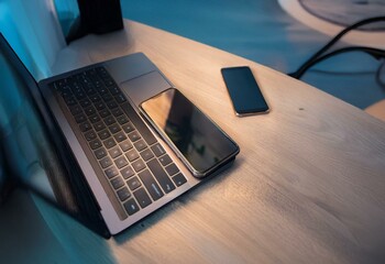 A laptop computer and a smartphone are lying on a wooden table.