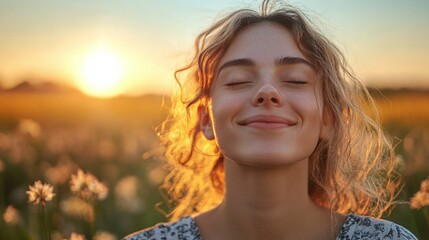 happy and relaxed woman standing in the fields at sunset with her eyes closed and a smile on her face backlit by the warm glow enjoying the peacefulness and freedom of nature