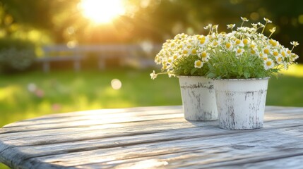 Two vibrant flower pots sit on a sunlit wooden table, surrounded by a peaceful garden illuminated by the warm afternoon glow