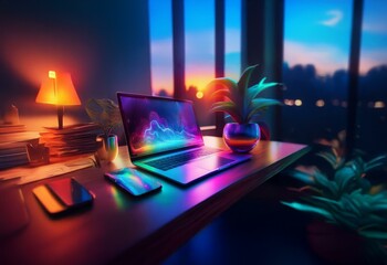 Leinwandbilder - A glowing laptop with a colorful graphic on the screen sits on a wooden desk with a small plant and a lamp.