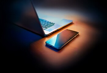 Fototapete - A closed laptop and a smartphone lay on a wooden surface, lit from the side.