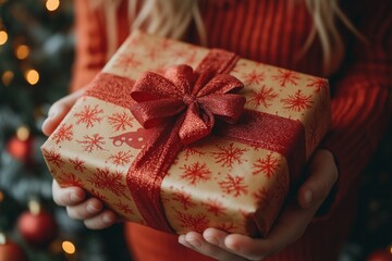 Gift wrapped in red snowflake paper with a glittery red bow, held by a person in a red sweater