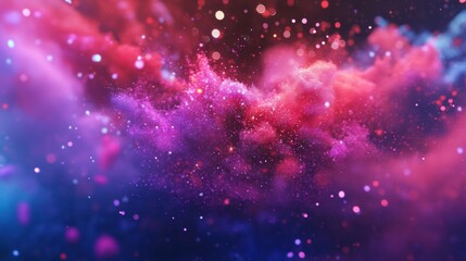 Poster - A mesmerizing display of vibrant reds and purples fills the atmosphere, creating a captivating explosion of colors and glowing particles swirling