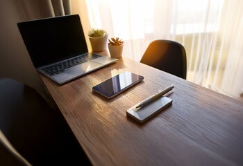 Poster - A wood desk surface with a closed laptop, a smartphone, a pen, and a small box.