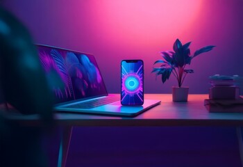Fototapete - A smartphone with a glowing screen sits on a desk in front of a laptop with a blurred background.