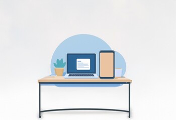 Aufkleber - A simple desk with a laptop, phone, plant, and coffee cup.