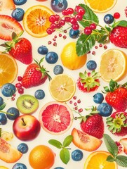 Sticker - Various colorful fruits and delicate flowers are beautifully arranged, creating a refreshing and lively summer tableau full of joy. Generative AI