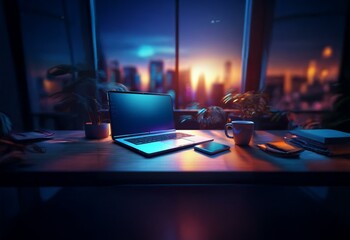 Sticker - A laptop, smartphone, and coffee mug are placed on a wooden desk in front of a large window with a cityscape view at night.