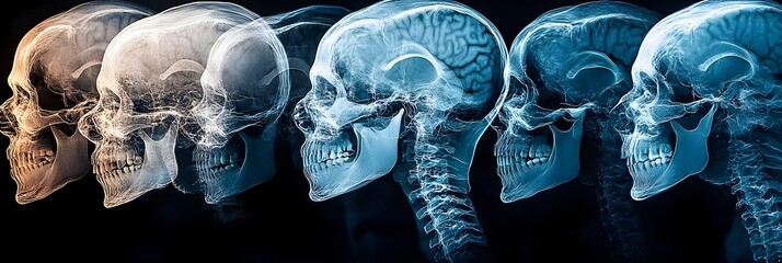 Poster - Detailed X-Ray Scans of Human Skull Revealing Intricate Structures of the Brain and Skeletal Anatomy for Medical,Educational,and Scientific Purposes