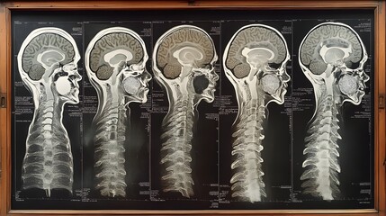 Poster - Detailed X-Ray Scans Showing the Skeletal Structure and Anatomy of the Human Neck,Spine,and Skull. Medical Diagnostic Imagery for Medical,Educational,and Research Purposes.