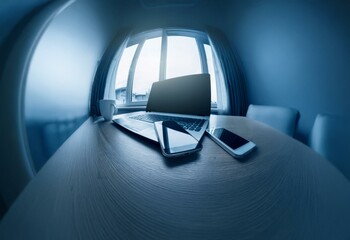 A fisheye view of a wooden table with a laptop, two cell phones, and a coffee mug.