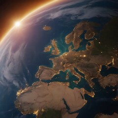 Wall Mural - a satellite view of earth at night, showing the illuminated continents and oceans.