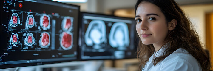 Poster - Female medical professional,likely a radiologist,intently examining a series of brain scans displayed on multiple computer monitors in a hospital or clinic setting.