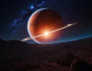 Wall Mural - view of a planetary system. a large, ringed planet dominates the sky, while a smaller blue planet an