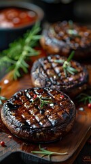 Canvas Print - Mushrooms on a cutting board with sauce, world vegetarian day, food background