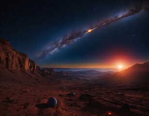 Wall Mural - view of a planetary system. a large, ringed planet dominates the sky, while a smaller blue planet an