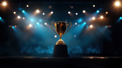 A large golden trophy placed on a winner podium, surrounded by bright stage lights