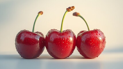 Poster - Freshly harvested ripe red cherries arranged in a trio on a light background. The juicy,sweet cherries have a glossy,vibrant appearance and are ready to be enjoyed as a healthy.