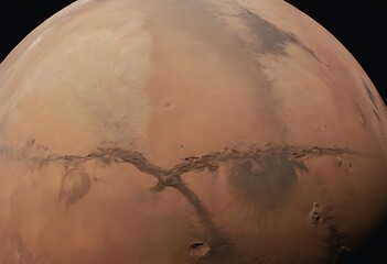 Wall Mural - a reddish planet, likely mars, with a smaller object orbiting it. the planet's surface is covered in