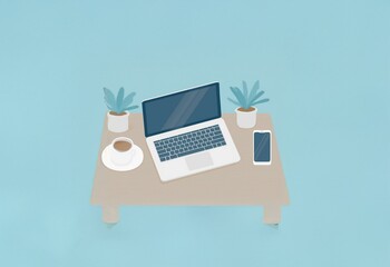 Aufkleber - A laptop, a smartphone, a cup of coffee, and two potted plants sit on a wooden desk against a blue background.