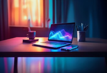 Poster - a laptop computer sits on a wooden table with a cell phone nearby. the screen of the laptop displays