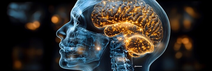Aufkleber - Glowing digital human brain concept with neurological network and connections. Futuristic technology,science and medical research background.