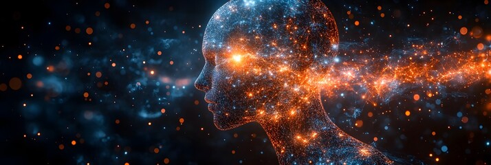 Poster - Glowing neural network structure surrounded by a cosmic nebula of stars,symbolizing the immense potential and complexity of the human mind and its ability to generate innovative thinking.