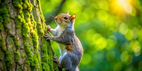 Beneath a radiant sun, a grey squirrel climbs an oak tree trunk amidst a thriving green forest, enjoying