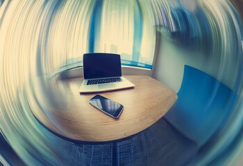 Poster - A laptop and a phone lay on a wooden table with a blurry background.