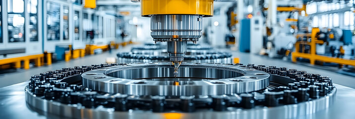 Aufkleber - High-Precision CNC Machining in a Modern Industrial Factory with Robotic Arm Performing Automated Metalworking and Engineering Manufacturing Processes