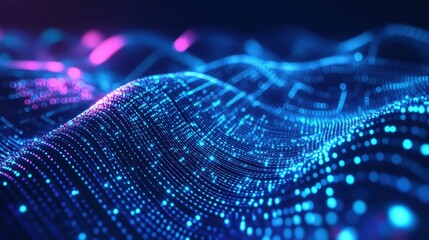 Poster - Abstract blue and neon vector illustration of connected nodes, digital signals, and flowing data, embodying a futuristic approach to technology and business