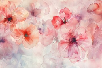 Poster - Delicate watercolor flowers showcase soft tones, blending hues of pink and coral in an enchanting display of nature's beauty. Generative AI