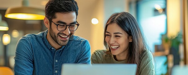 Two happy people collaborating in a modern office space, engaged in work and conversation, showcasing teamwork and positivity