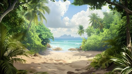 Poster - A vibrant tropical forest transitions into a sandy beach, creating a peaceful coastal atmosphere with gentle ocean waves and clear skies. Generative AI