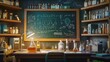 © 69 - Classroom scene featuring a chemistry teacher's desk surrounded by lab gear, with a blackboard full of chemical equations and bottles of chemicals on the shelves