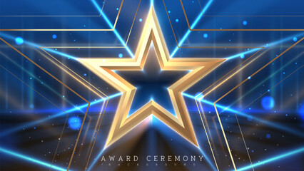 Wall Mural - 3d luxury golden stars with spotlights and bokeh decorations on blue stage backdrop, elegant awards 
