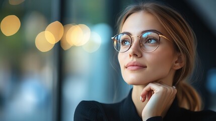 professional female executive manager looking away with a confident and optimistic outlook, thinking about future investment opportunities, leadership in business planning and wealth management