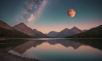 Wall Mural - a large, reddish moon hangs low over a serene mountain lake at sunset.