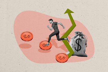 Aufkleber - Composite trend artwork sketch image photo collage of money bitcoin arrow graphics rich success young happy man run stairs coins usd