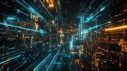 Poster - Sci-fi technology backdrop with interconnected digital streams, glowing data points, and network patterns for an abstract view of future internet business and big data