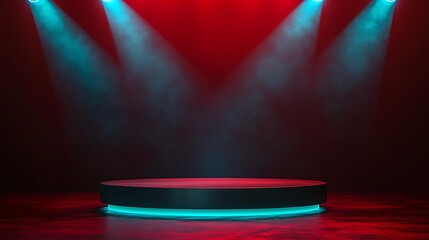 Poster - A black podium with a blue neon light on the floor in a red-lit room with smoke and spotlights.