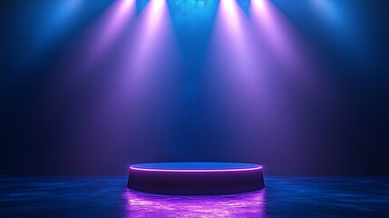 A circular podium with neon lighting sits on a reflective surface.  The podium is lit by three spotlights and is surrounded by a haze.