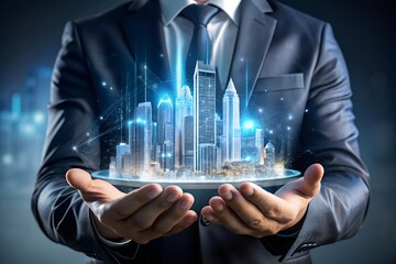 A person holds a futuristic hologram cityscape in their hands, symbolizing technological advancement, innovation, and the digital future.