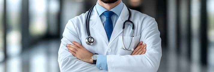 Poster - Portrait of a confident and experienced medical professional in a white coat standing with arms crossed,ready to provide thorough examination and healthcare services.