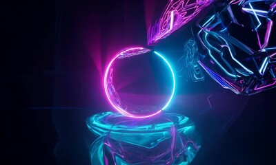 Poster - Futuristic neon ring in vibrant geometric scene.