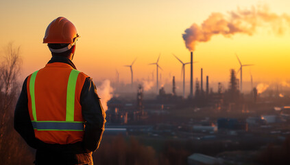 Engineer in High Visibility Gear Watching Industrial Factory at Sunset with Wind Turbines and Smoke