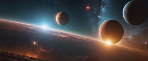 Wall Mural - a ringed planet dominates the center, surrounded by smaller planets and a distant star. nebulae and 