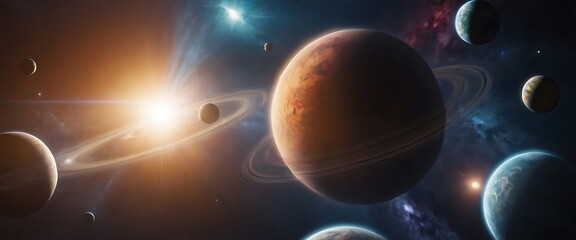 Wall Mural - a ringed planet dominates the center, surrounded by smaller planets and a distant star. nebulae and 