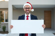 © SalenayaAlena - A cheerful man wearing a business suit and a Santa hat stands in front of a contemporary home, holding a large blank banner. This is a mockup for the real estate business.